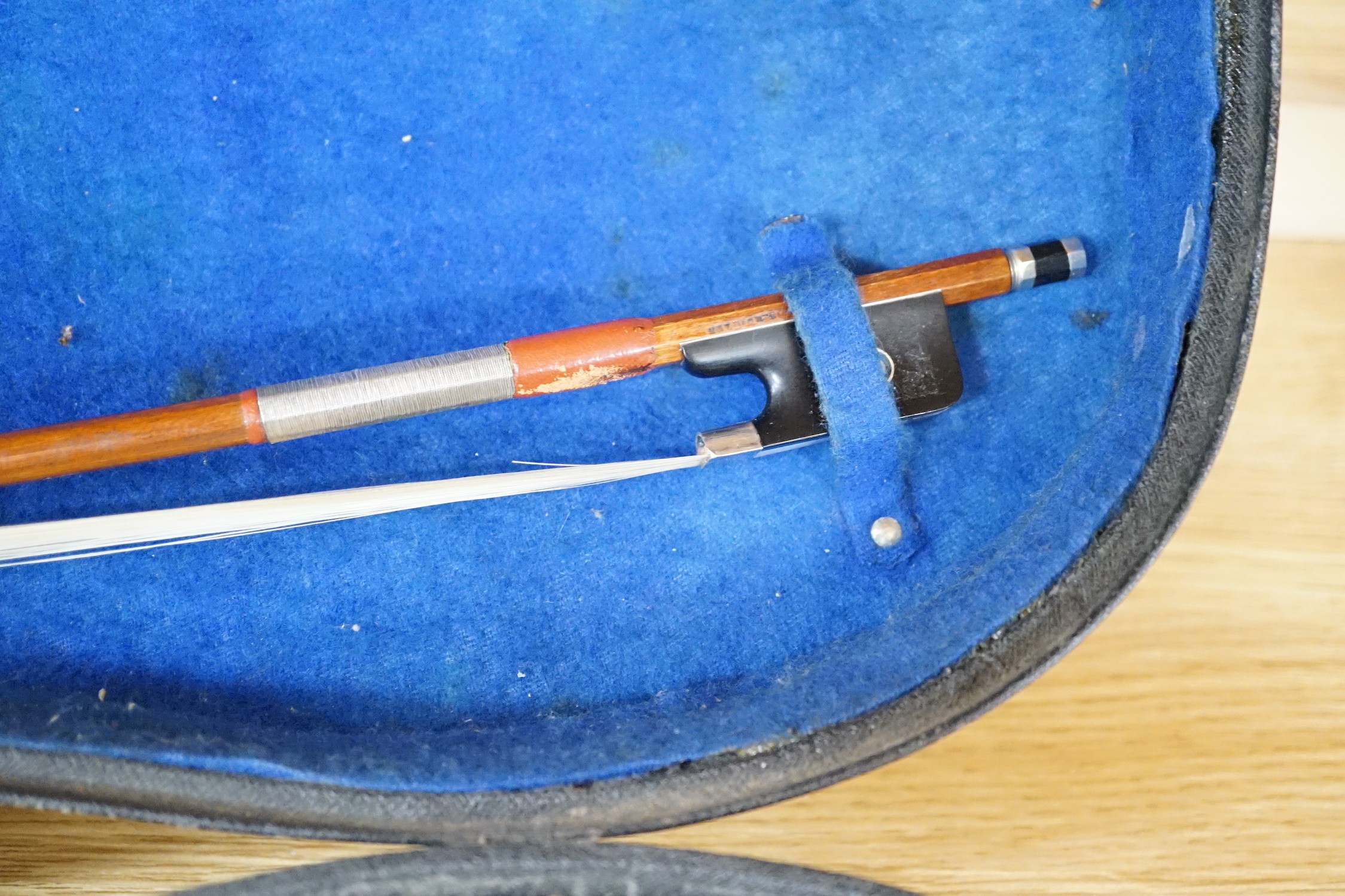 15 1/4 inch viola, cased, circa 1880 and a silver mounted bow with ivory tip, viola 65 cms long